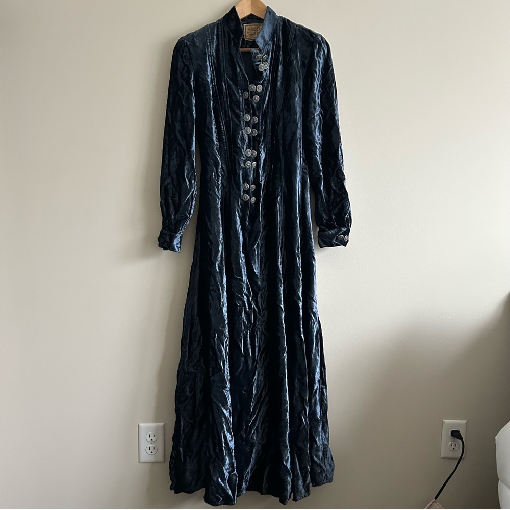 Vintage Double D Ranch Button Velvet Long Sleeve Blue Maxi  Dress XS